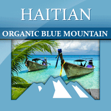Load image into Gallery viewer, A graphic image featuring the text 'HAITIAN ORGANIC BLUE MOUNTAIN' with a background showing a tropical beach scene with boats and palm trees.